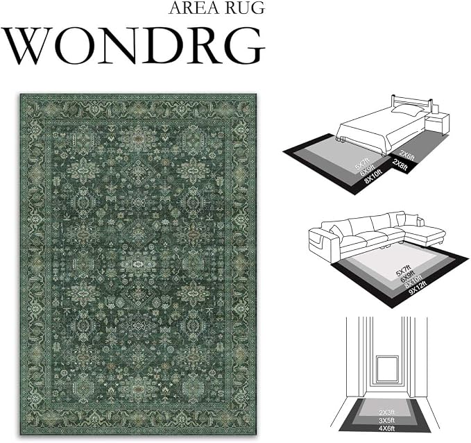 5x7 Washable Area Rug for Living Room Bedroom Vintage Green Soft Low Pile Carpet Traditional Retro Non Slip Throw Rug for Dining Room Entryway Indoor Dorm Kitchen