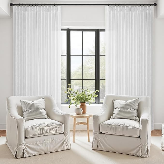 Beige Linen White Pinch Pleated Curtains 84 Inches Long for Living Room Farmhouse Natural Off-White Textured Weave Memory Trained Window Drapes Light Filtering Scandinavian Semi Sheer Curtain 2 Panels