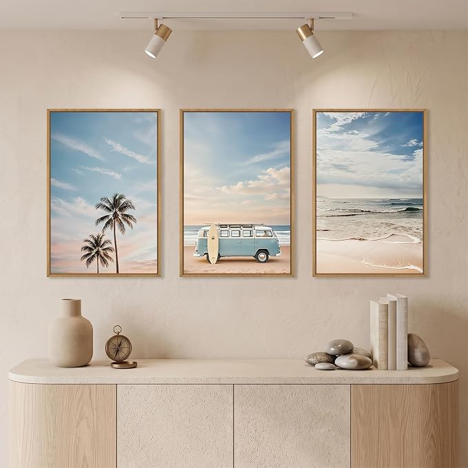 Ausril Large Surfboard Ocean Beach Framed Canvas Wall Art Set, Coastal Beach Wall Decor, Bus and Palm Tree Wall Painting, Blue Van Seaside Art Prints for Living Room, Bedroom, Dining Room - 16"x24"x3