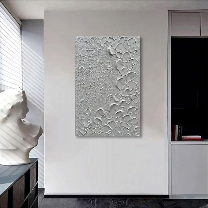 zoinart Pure White Texture Wall Art, Hand Painted Vertical White Abstract Modern Oil Paintings, Thick Texture Contemporary Wall Art 24x36 inch