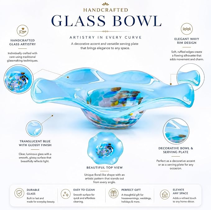 Hand Blown Murano-style Art Glass Bowl, 10.2-Inch Large Decorative Centerpiece for Table, Cobalt Blue Fruit Display & Kitchen Counter Decor