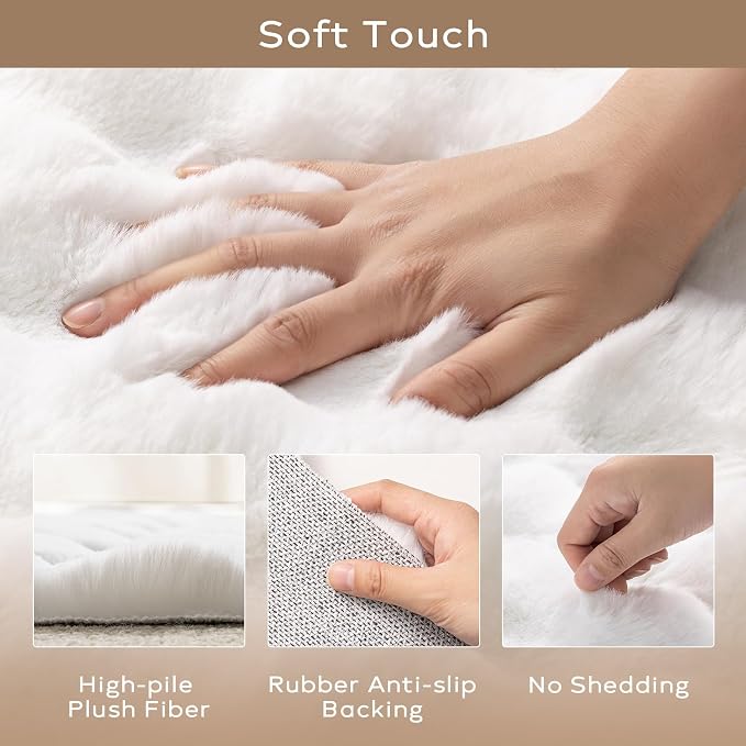 Ashler Faux Rabbit Fur Rug, White 3x5 FT Fluffy Soft Runner Area Rugs, Rectangle Fuzzy Carpet for Living Room, Bedroom, Machine Washable Shaggy Nursery - 3D Bubble Mat