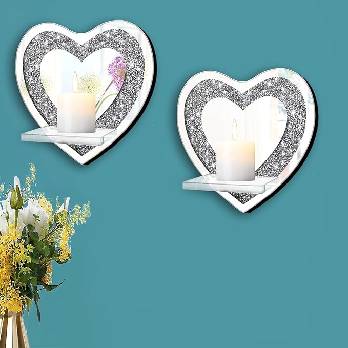 ZOLAPI Set of 2 Crystal Crush Diamond Candle Sconces, Gorgeous Silver Mirrored Wall Sconce, Candle Holder Glass Wall Decorations for Home Décor, Living Room, Dining Room.Heart Shaped