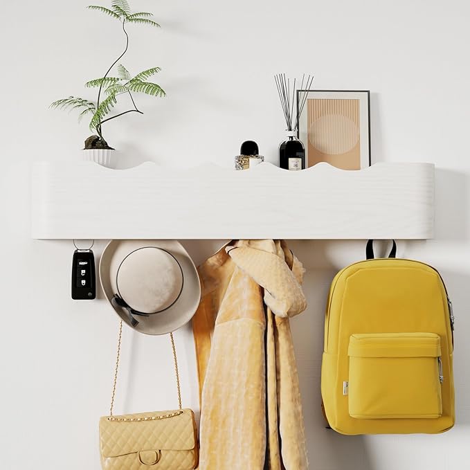 Coat Rack Wall Mount with Shelf 5 Hidden Hooks Modern Wooden Key Holder Entryway Organizer for Hallway Bedroom Bathroom Home Decor Storage for Hanging Coats Hats Bags Towels, Wave-Shape White
