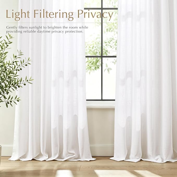 Pinch Pleated White Linen Curtains 96 inches Long for Living Room Light Filtering Semi Sheer Triple Pinch Pleat Curtains with Clips Modern Minimalist Coastal Decor Off White Window Drapes 96 Length