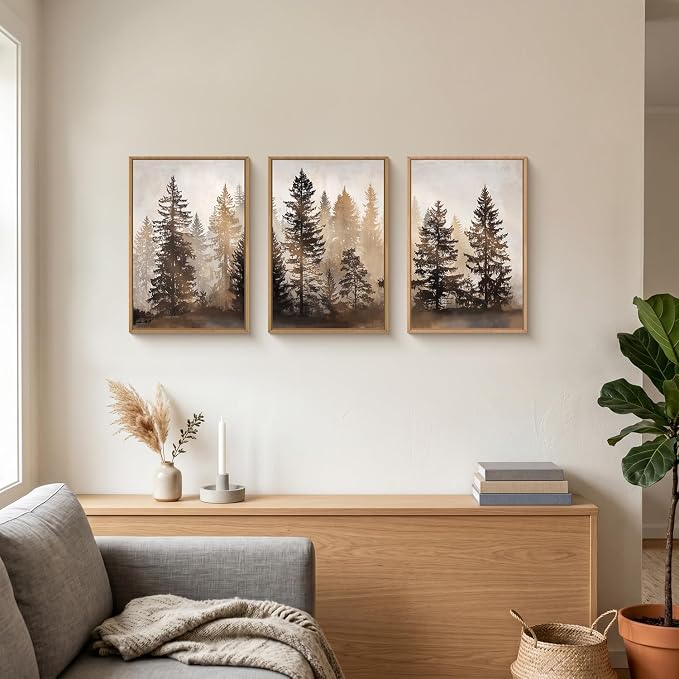 HPNIUB Foggy Forest Framed Wall Art Set, Abstract Misty Woodland Wall Decor,Rustic Neutral Pine Tree Farmhouse Art Print,Modern Nature Landscape Artwork for Living Room, Bedroom,Office-16''x24''x3