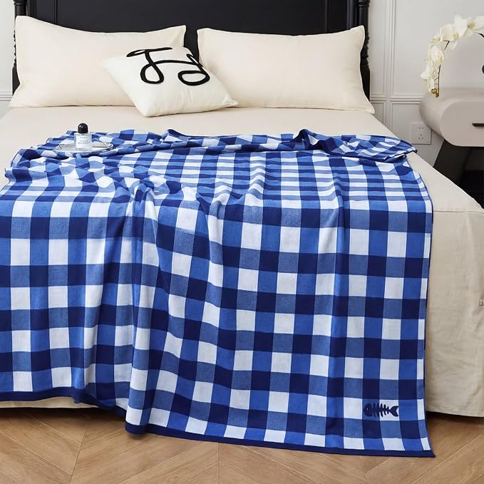 BOV Knit Checkered Throw Blanket - 100% Viscose Silky Super Soft Breathable Lightweight Decorative Throw Blanket for Chair Couch Sofa, Perfect Self Care Gifts for Women & Men, Cobalt Blue 50"x60"