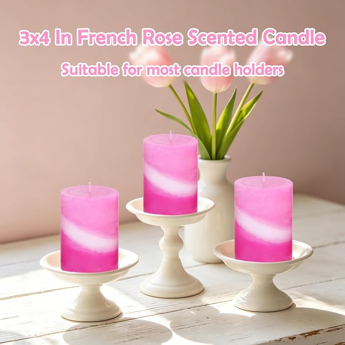 French Rose Scented Pillar Candles, 100% Cotton Core Pink and White Striped Paraffin Wax Candles for Home Wedding Dating Decor, Long Lasting Burn Time Aromatherapy Candles, 3x4 Inch Set of 3