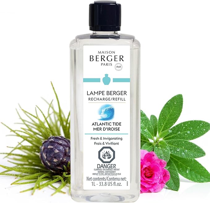 Maison Berger Atlantic Tide Lampe Berger Refill, 1 Liter (33.8 fl oz), 2-in-1 Catalytic System, Neutralizes Odors and Diffuses Fragrance, Sage, Siberian Pine, Sea Spray, Made in France
