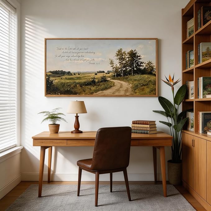 CHDITB Trust in the Lord Provervs 3:5-6 Bible Verses Wall Art Framed, Neutral Farmhouse Countryside Landscape Scripture Canvas Artwork, Large Vintage Religious Biblical Nature Scenery Field Wilderness Painting Decor for Living Room Office (40"L x 20"W)
