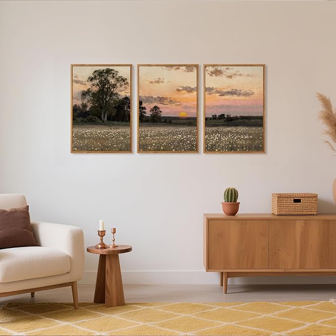 TOARTi Large Framed Countryside Landscape Canvas Wall Art, Wildflower Sunset Fireflies Painting Art Prints,Vintage Farmhouse Natural Scenery Wall Decor for Living Room Bedroom Office-16”x24”x3