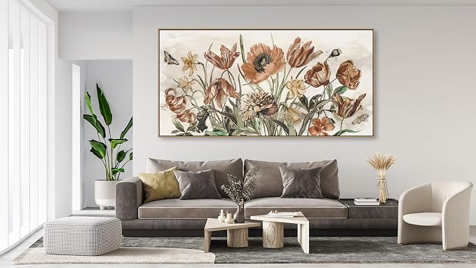 yearainn Rustic Floral Framed Wall Art - Warm Earthy Tones Flowers Canvas Pictures Wall Decor Farmhouse Painting Artwork Elegant Botanical Prints Living Room Home Decor Natural Wood Frame 58" x 29"