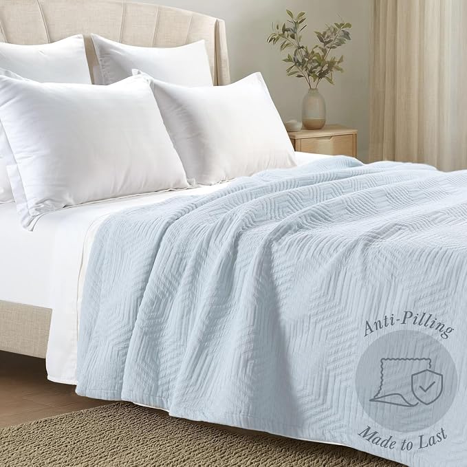 Threadmill Luxury Cotton Blankets for Queen Size Bed | All-Season 100% Cotton Queen Size Blanket | Aster Jacquard Cozy Lightweight, Soft Breathable Coverlet fits Full Size Bed, 90x92 | Light Blue