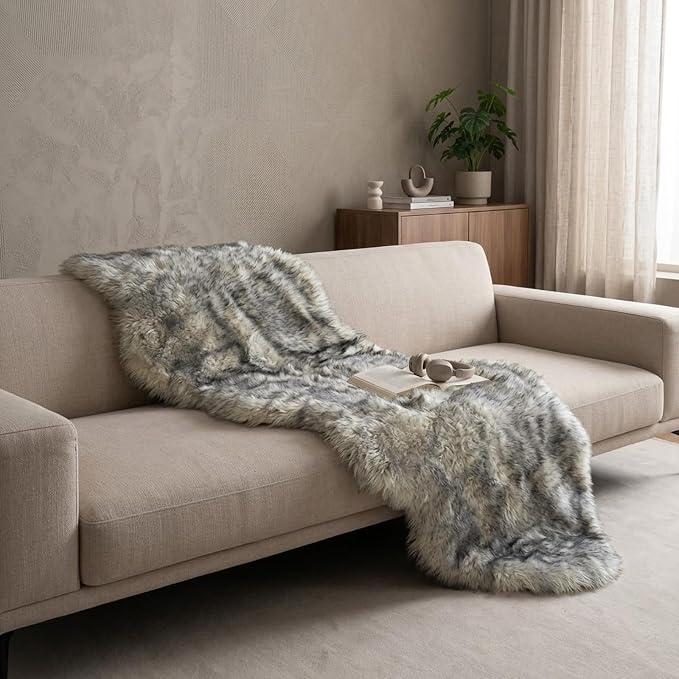 Genuine Sheepskin Rug New Zealand Fluffy Lambskin Rug, Natural Luxury Sheepskin Throw for Bedroom Living Room Children's Room - Premium Area Rug Chair Cover (2×6 Feet, Grey Tip)