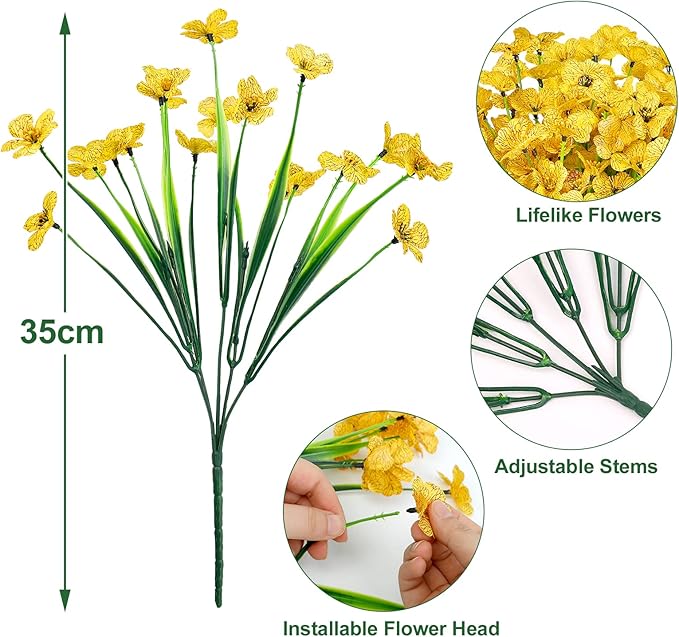 Ouddy Decor 12 Bundles Artificial Flowers for Decorations Fake Silk Plants for Outdoor Indoor UV Resistant Faux Plastic Greenery Stems for Window Garden Porch Home Spring Summer Decoration, Yellow