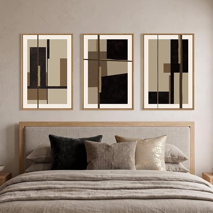 Abstract Shapes Framed Canvas Wall Art Set, Mid-Century Black Polygon Wall Decor, Black Brown Irregular Painting, Neutral Modern Art Print for Living Room, Dining Room, Office - 24"x36"x3