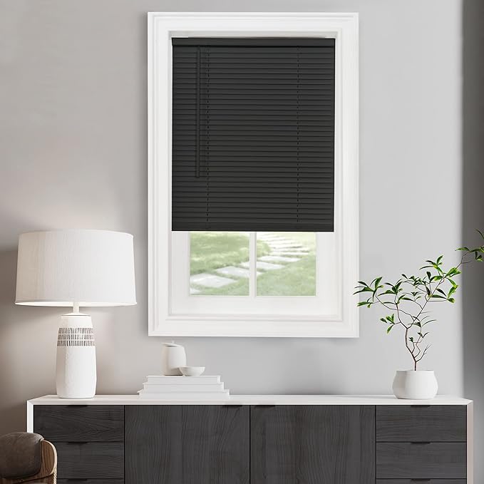 Cordless Light Filtering Mini Blind - 33 Inch Width, 72 Inch Length, 1" Slat Size - Black - Cordless GII Morningstar Horizontal Windows Blinds for Interior by Achim Home Decor