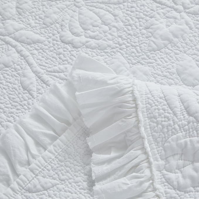 Brandream White Ruffle Quilted Throw Blanket Cotton Throws for Bed Couch Daybed 47 X 60 Inch Decorative Blankets