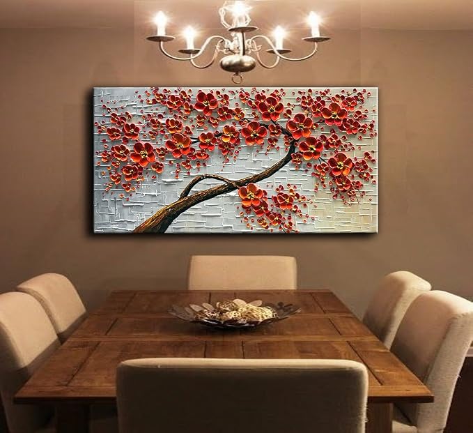 YaSheng Art - 48x24inch Canvas Wall Art, Hand Painted Oil Painting ,Abstract 3D Texture Wall Art Pictures, Red Floral Paintings, Modern Home Bedroom Wall Art Decor, Wall Art for living room, Large Framed oil painting.