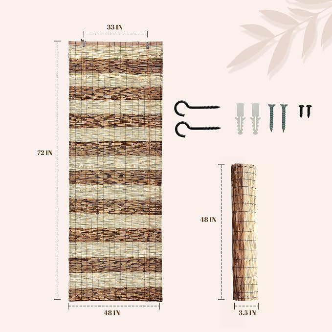 Reed Shades, 48" W x 72" H Waterproof Privacy Screen Bamboo Outdoor Screen, Reed Curtain for Porch, Patio, Yard, Windows (Mixed)
