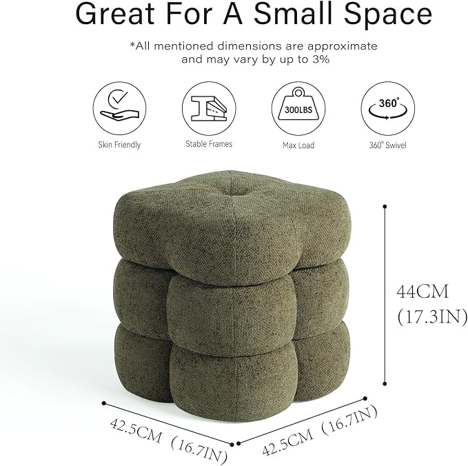 Get Set Style 360° Swivel Flower Ottoman, Linen Vanity Stool Footrest with 300LBS Capacity, No Assembly Small Space Accent Chair for Living Room Bedroom Entryway(Olive Green)