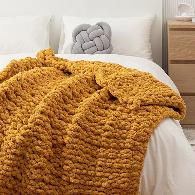 Soft Chunky Knit Throw Blanket for Couch, Cozy Warm Knitted Blankets | Hand Knit with Jumbo Chenille, Lightweight Warm Fluffy Decor for Women, Mom, Her & Girls, Sofa, Chair, Bed, 40"×60"(Yellow)