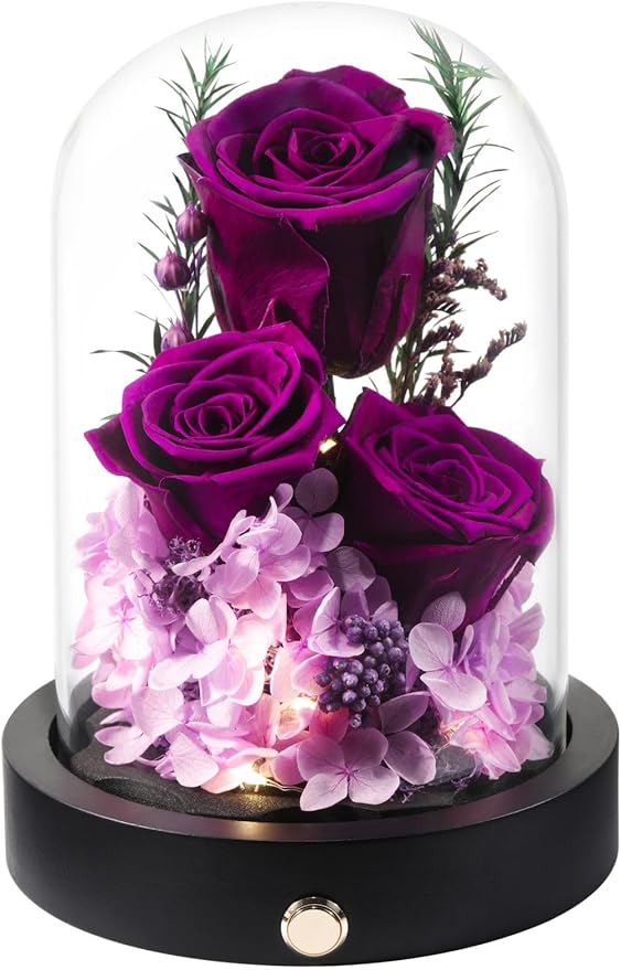 Flowers Gifts for Women, Preserved Roses in Glass Dome, Forever Flowers for Delivery Mothers Day Birthday Gifts for Mom Her Wife Girlfriend on Valentines Day Anniversary Purple