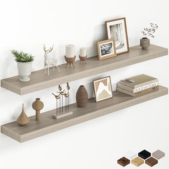 Fun Memories 40 Inch Floating Shelves for Wall, 8 Inch Deep Rustic Wood Floating Shelves Set of 2, Wall Mounted Hanging Shelf with Invisible Brackets for Bathroom, Bedroom, Kitchen, Living Room, Grey