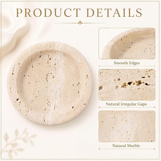 Threehoney 5.5 Inch Small Travertine Stone Tray Marble Jewelry Dish Trinket Tray for Women, Perfume, Coffee Table (Round)