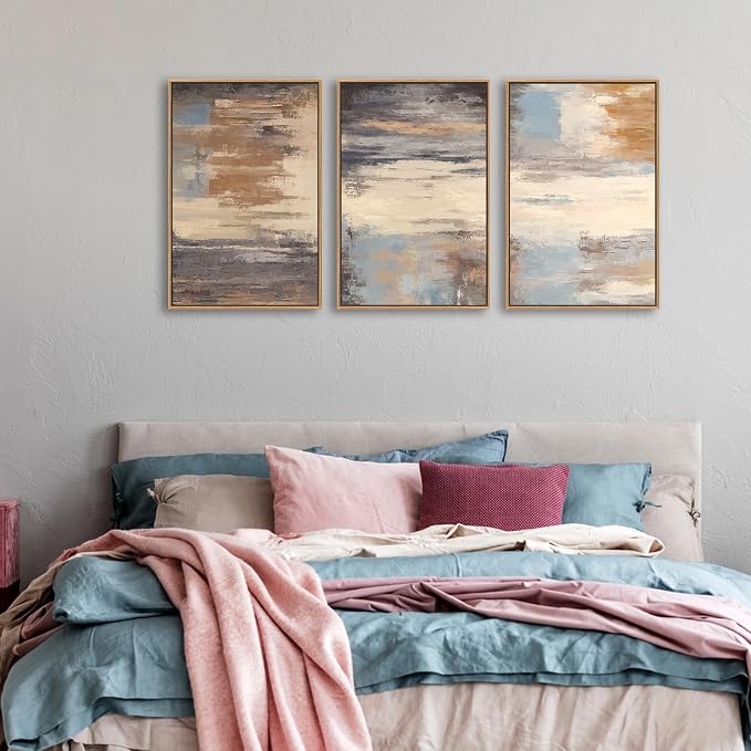 Large Framed Canvas Wall Art - Natural Float Framed Abstract Colorful Pictures for Living Room Decor Contemporary Brown Beige Grey Lines Artwork for Bedroom Home Office Decoration 48" X 24" Set of 3
