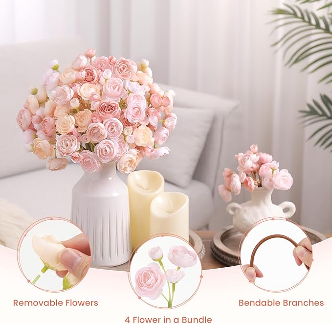 Alupssuc 30Pcs Ranunculus Artificial Flowers Faux Silk Mini Ranunculus, Artificial Flowers Indoor for DIY Bouquets, Bulk Fake Wedding Filler Flowers for Bride Decorations, DustyRose&Cream&ShabbyBlush
