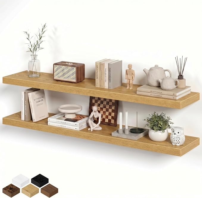 Fun Memories 55 Inch Long Floating Shelves for Wall, 8" Deep Floating Shelves for Bathroom Living Room Bedroom, Rustic Wall Mounted Shelf with Invisible Heavy-Duty Bracket, Set of 2, Oak