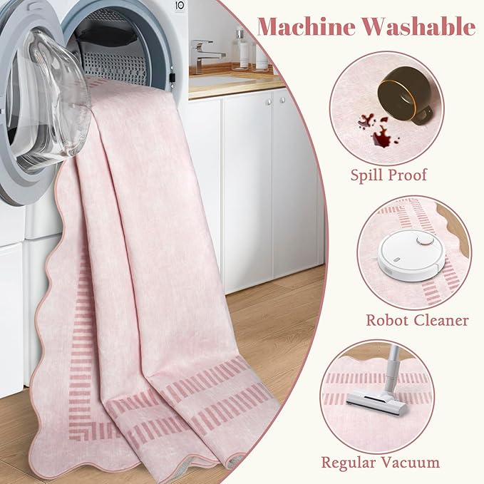 Washable 6ft Area Rugs for Living Room, Solid Pink Non Slip Rugs for Bedroom Girls, Stain Resistant Scalloped Soft Carpet for Nursery Dorm Dining Room