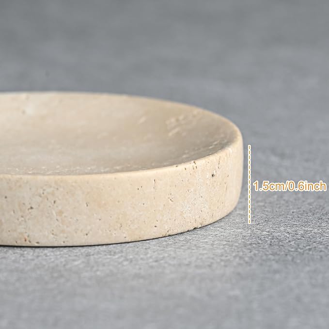 Small Travertine Jewelry Dish 4”, Natural Beige Stone Trinket Tray for Rings Earrings Necklaces, Round Travertine Soap Dish for Bathroom & Kitchen, Minimalist Decorative Catchall Bowl for Home Décor