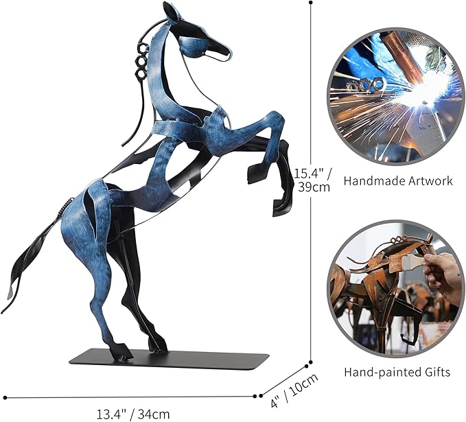 SunBlogs Art Metal Horse Statue Décor, Handmade & Hand-Painted Modern Western Horse Decoration, Rustic Iron Sculpture Gifts for Home Office for Horse Lovers (Blue)