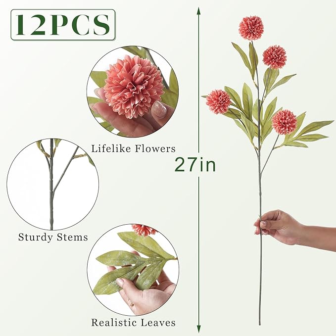 VIERENA 12 Pcs Faux Silk Pompon Mum Artificial Flowers for Vase -27", Bulk Fake Chrysanth Branches with Stems for DIY Bouquet Centerpieces Wedding Fillers Arrangements Shower Decorations (Dusty Pink)