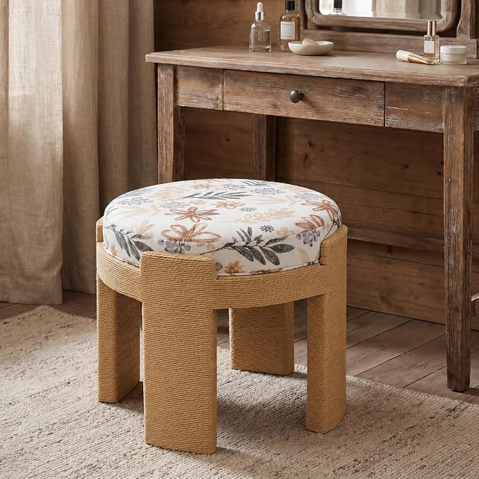 Round Vanity Chair, Boho Hand-Woven Rope Upholstered Accent Foot Stool Ottoman Fully Assembled for Bedroom Living Room Entryway, Floral Linen