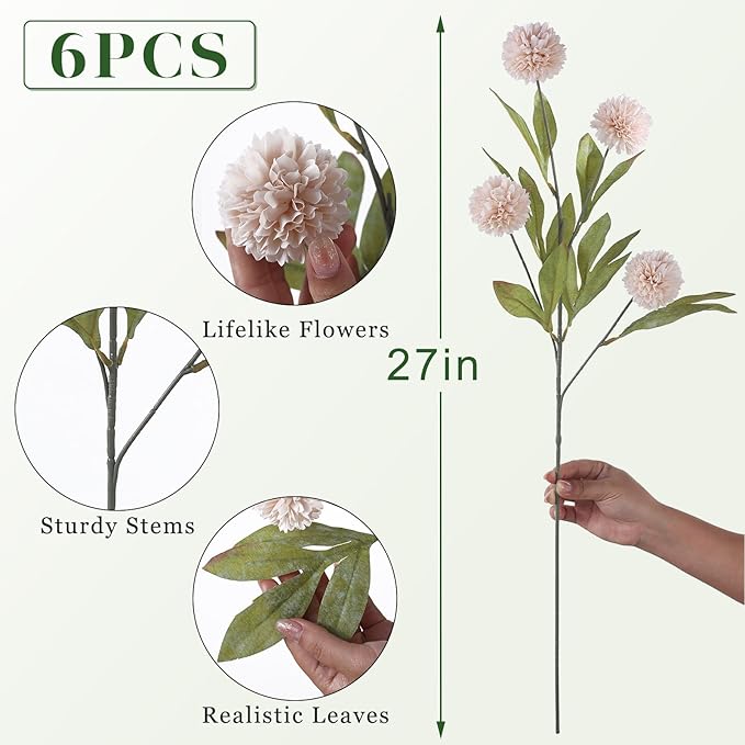 VIERENA 6 Pcs Faux Silk Pompon Mum Artificial Flowers for Vase -27", Bulk Fake Chrysanth Branches with Stems for DIY Bouquet Centerpieces Wedding Fillers Arrangements Shower Decorations (Beige)