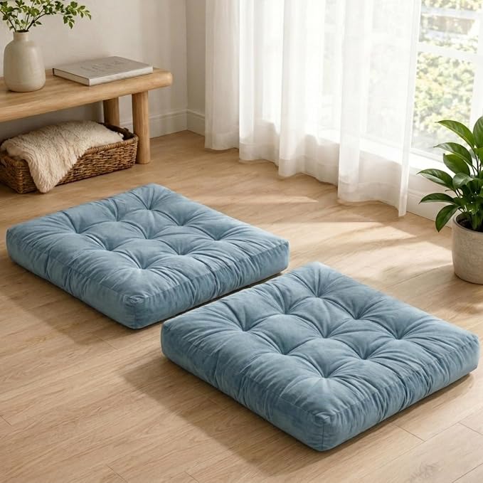 Floor Pillows for Adults Set of 2, Soft Velvet Floor Cushions for Sitting, Square Tufted Floor Pillow Set for Reading Nook, Living Room, Bedroom, 22 x 22 Inch, Blue