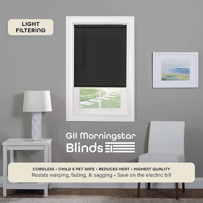 Cordless Light Filtering Mini Blind - 48 Inch Width, 64 Inch Length, 1" Slat Size - Black - Cordless GII Morningstar Horizontal Windows Blinds for Interior by Achim Home Decor