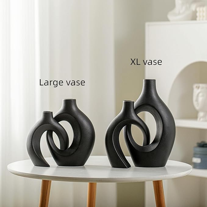 Lvases Snuggle Hollow Modern Ceramic Vase Set of 2, Mid Century Nordic Aesthetic Decorative Vase Decorative Vases for Home Table Decor (Matte Black W 6.8" X H 11")