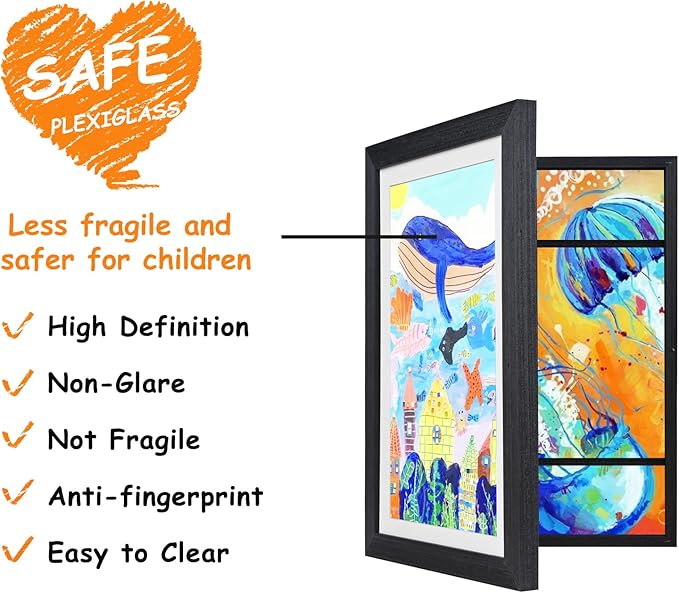 KINLINK 9x12 Kids Art Frame Set of 2, Solid Wood Kids Artwork Frames Changeable with Front Opening Hold 150 Pictures, Art Frames for Kids Art with Mat，without Mat 9x12 Picture Frame Black Wood