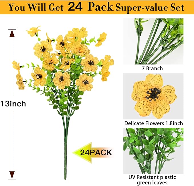 MERIXMAS 24 Bundles Artificial Flowers for Outdoors Decorations, Fake Flowers Artificial Plants Outdoor, Colorful Daisy Eucalyptus Realistic UV Resistant for Garden Patio Porch Home Decor, Yellow
