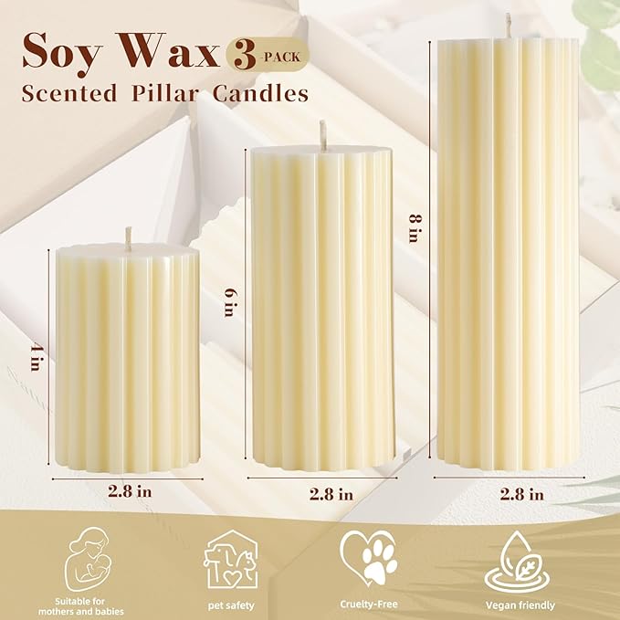 Ribbed Soy Pillar Candles Set of 3, Cashmere Amber Scented, Natural Soy Wax, 266 Hour Long Burning, 2.8x4/6/8 inch Large Pillar Candles for Home Decor, Relaxation, Bathroom, Living Room