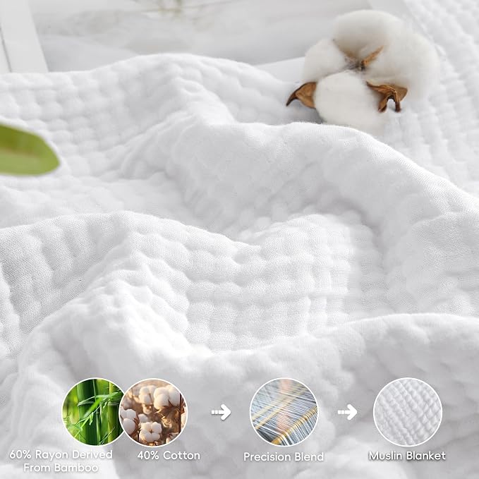 David's Home Soft Muslin Blanket Throw Size for Adults, 60% Rayon 40% Cotton, Breathable Lightweight Cooling Blanket for Hot Sleepers, 4-Layer Cozy Gauze for Bed, 50"x60", White
