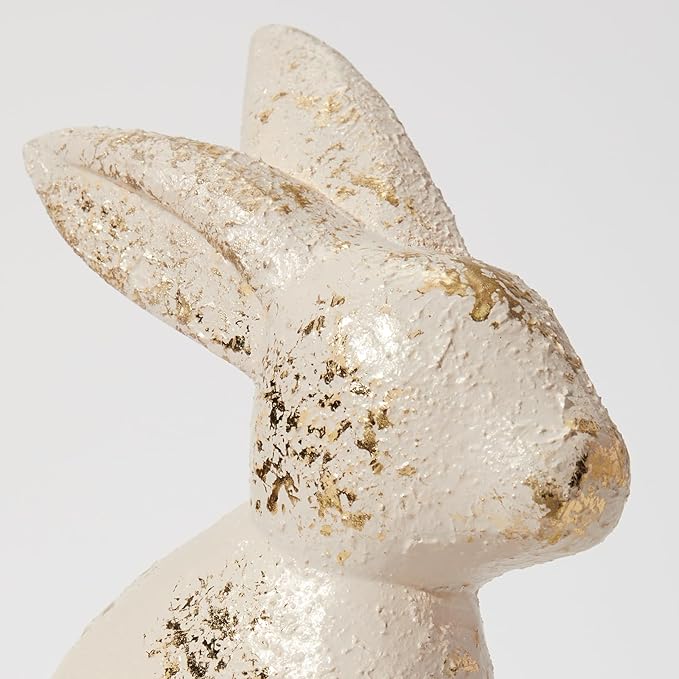 DN DECONATION Easter Decorations White & Gold Bunny Decor Rabbit Figurines, Wabi Sabi Easter Bunny Statue Set of 2 for Spring Tabletop Home Decor Farmhouse Shelf Mantel, Pressed Wood Sculpture