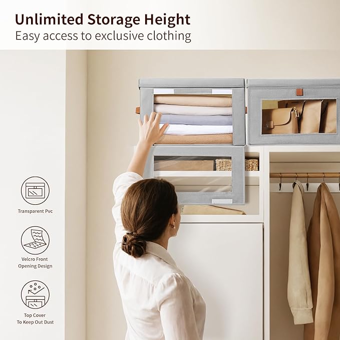Homsorout Large Storage Bins with Lids - Fabric Collapsible Closet Storage Organizer with Window & Handles, Stackable Decorative Storage Boxes for Clothes, Blankets, Sweaters, 6 Pack, Grey