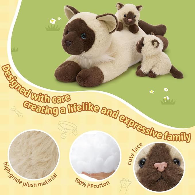 MorisMos 5 Pcs Siamese Cat Stuffed Animal, 19 Inch Large Mama Cat with 4 Baby Kittens, Soft Gift Toy for Kids, Cat Lovers & Nursery Decor, Birthday