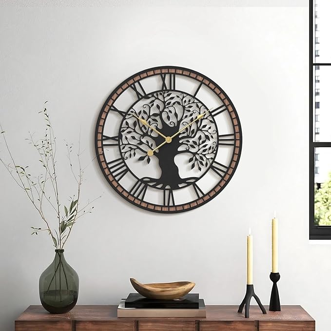 Micasso Wall Clocks Battery Operated: 18Inch Farmhouse Tree of Life Metal with Wood Frame - Rustic Roman Numerals Clock for Office/Living Room/Bedroom/Kitchen - Home Decor for Teen