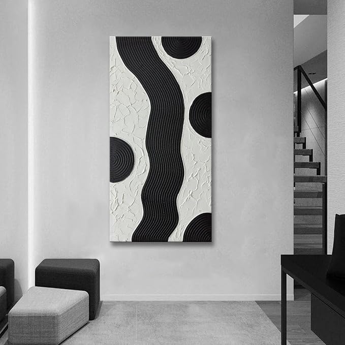 zoinart Hand-Painted Black and White Abstract Oil Paintings Modern Canvas Wall Art, Minimalist Texture Artwork for Living Room Bedroom Office Wall Decor Ready to Hang